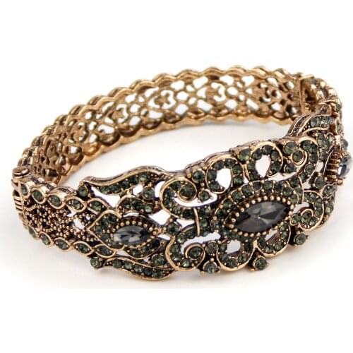 Sunspicems Retro Vintage Bohemia Gray Crystal Bangle Cuff Bracelet For Women Turkish Ethnic Wedding Jewelry Antique Gold Color
