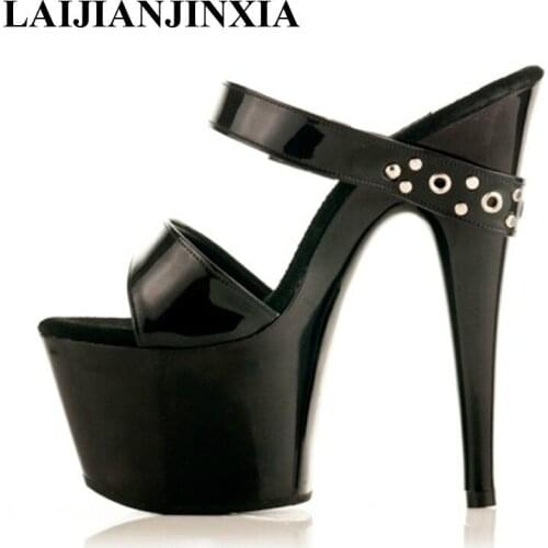7 Inch High Heel Sandals Fashion Women Dress Sexy Shoes Gossip Girl Like Gorgeous Rivets Slippers Platform Dance Shoes Black