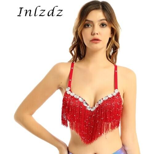 Belly Dance Top for Womens Girls Push-Up Bra Latin Sequin Tassel Rhinestone Underwired Push-up Brassiere Tops for Party Club
