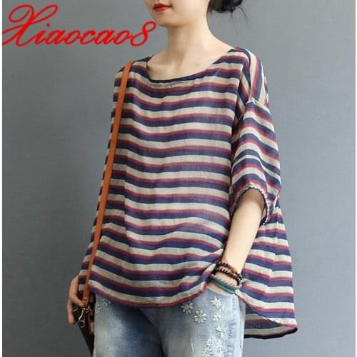 Summer Women Half Batwing Sleeve Top Oversize Striped Cotton Linen Womens t-shirts Female Loose Casual Blouses Ropa Mujer