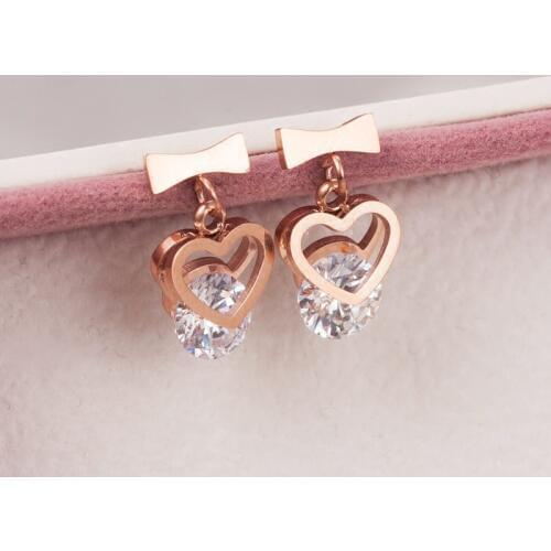 YUN RUO Stainless Steel Jewelry Rose Gold Color Sweet AAA Zirconia Bowknot Earrings for Woman Girl High Polish Boucle d'oreille