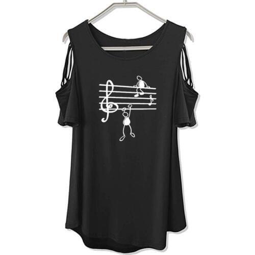 2020 Music Notes Print Shirt Female Harajuku Off Shoulder Student Music Lover Gift Fashion T-Shirt Women Hollow Femme Tops