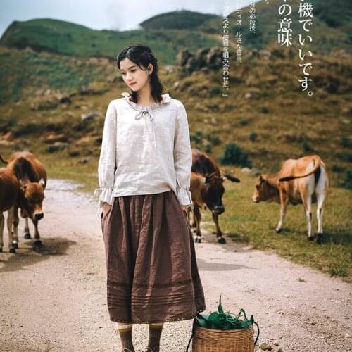 Design Spring original womens retro wild elastic waist lace patchwork linen skirt 2020