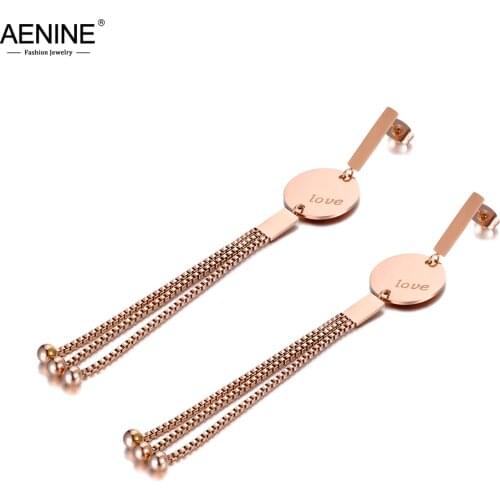 AENINE Fashion Stainless Steel Round Geometry Love Tassel Earrings Jewelry Rose Gold Chain Dangle Earrings For Women AE19223