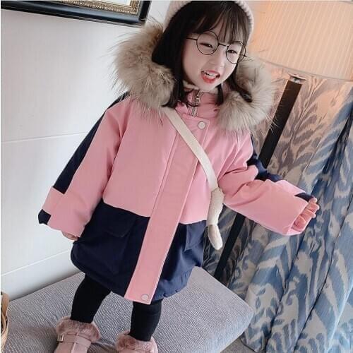 Winter Baby Girls Coat Fur Collar Hooded Cotton Plus Velvet Thicken Warm Splicing Jacket For Childrens Outwear Kids Clothes Top
