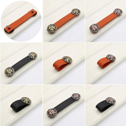 1set Leather Handle Bronze Flower Head 75/157mm Pull Single/Double Hole Belt Knob w/screw Retro Furniture Decor Black/Orange