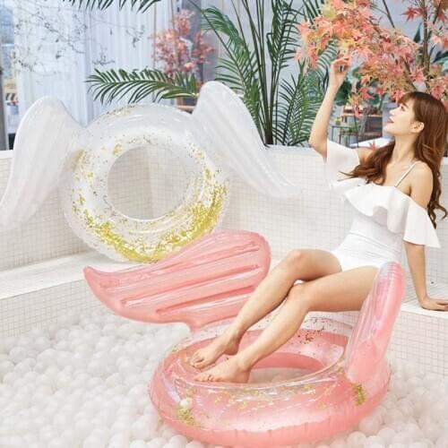 130cm Sequin Inflatable Float Angel Shiny Wing Swim Ring Pool Toy Hawaii Summer Beach Party Decoration Float Mattress Gift Adult