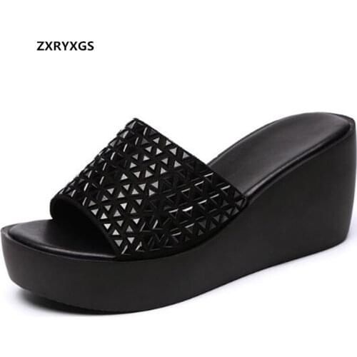 2021 Fish Mouth Genuine Leather Rhinestone Sandals Women Slippers Thick Sole Wedges Comfort Heighten Shoes Woman Sandals Black