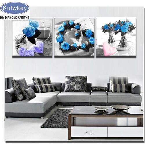 3 Panel Love Blue Rose Flowers Diamond Painting Full drill Square round Diamond Embroidery triptych 3d Cross Stitch Home Decor