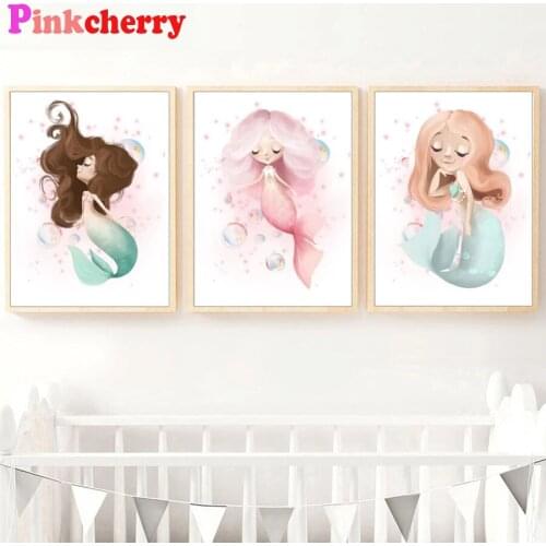 Cartoon Mermaid Girl DIY 5D Diamond Painting Full Square Round Diamond Embroidery Mosaic Triptych Painting Nursery Wall Art