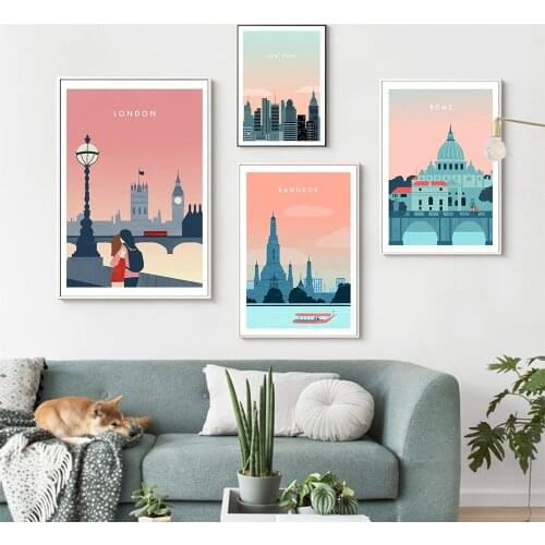 Travel Cartoon Landscape Poster HD Prints Amsterdam London Wall Picture Canvas Painting Wall Art For Living Room Modern Decor