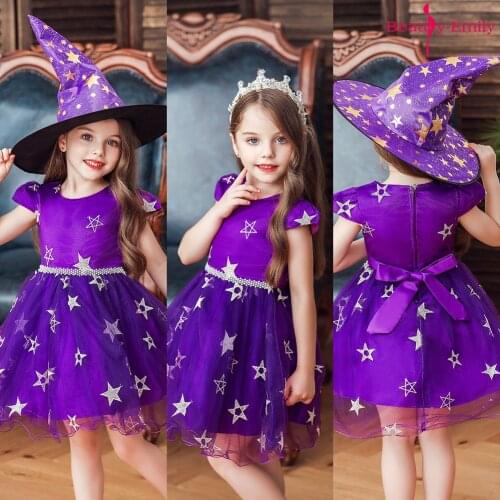 Halloween Witch Cosplay 3 colors Baby Girl Child Party Dress with Witch Hat Tulle Starry Ceremony Evening Party Dress Sleeveless