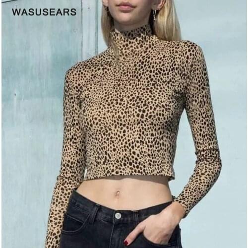 Summer Sexy leopard shirt women vintage t shirt punk sexy turtleneck crop top long sleeve shirt korean cute t shirts streetwear