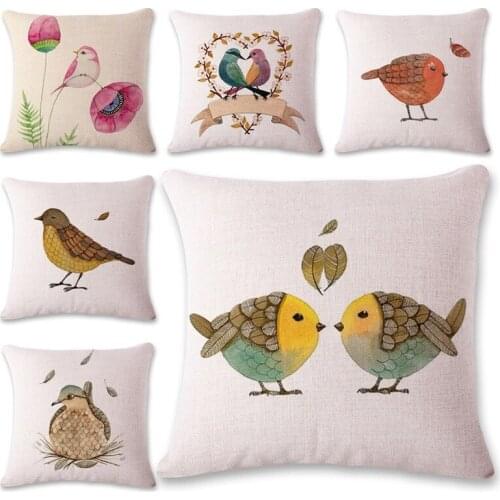 Linen American country vintage auspicious flower bird sofa cushion simple pattern farmhouse home decor pillow cover