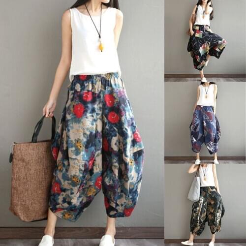 Fashion Women Loose Printed Pants Ladies Linen Casual Beach Party Trousers Pants
