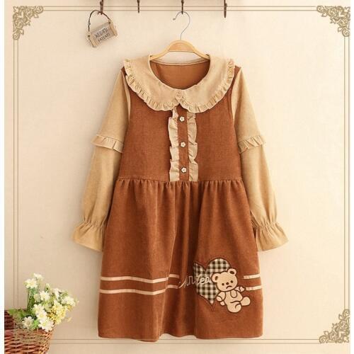 Mori Girl Teenage Girl Corduroy Kawaii Dress Sweet Doll Collar Cute Cartoon Bear Lolita Heart Ruffle Long Sleeve Vintage Dress