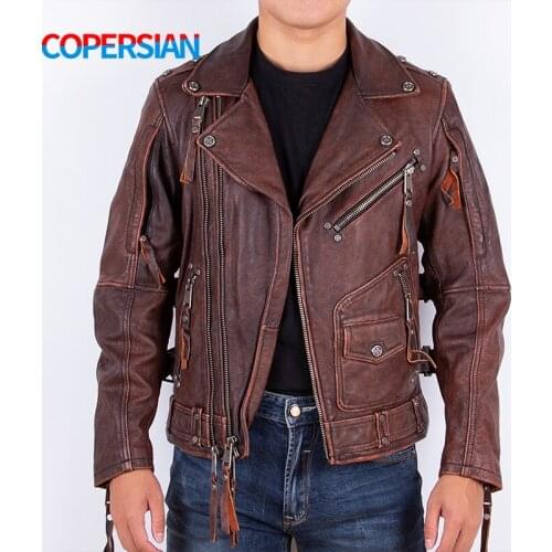 2021 Men＇s Autumn Brown jacket Top Layer Cowhide Retro Genuine Leather Oblique Zipper Motorcycle style Coat