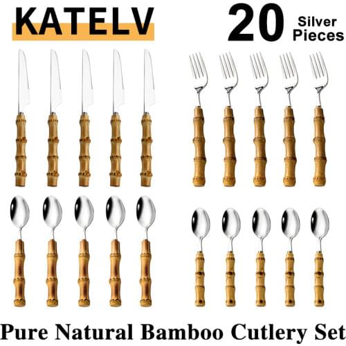 20Pcs Bamboo Handle Tableware Stainless Steel Steak Knives Forks Tea Dessert Spoons Gold Cutlery For Luxury Dinnerware Set