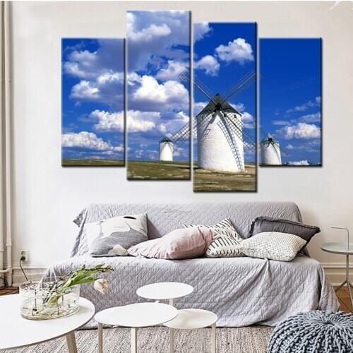 Blue Sky and White Clouds Landscape Printing Canvas Painting Grassland Windmill Art Wall Poster Home Decor 4Pcs Frameless Mural
