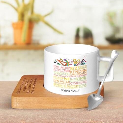 Personalized Teachers Words Design Wood Altlıklı Ceramic Cup-1