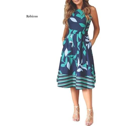 Women Plus Size O-Neck Sleeveless Printing Dress High Waist Belt Big Swing Vintage Sexy Night Club Women Dress New