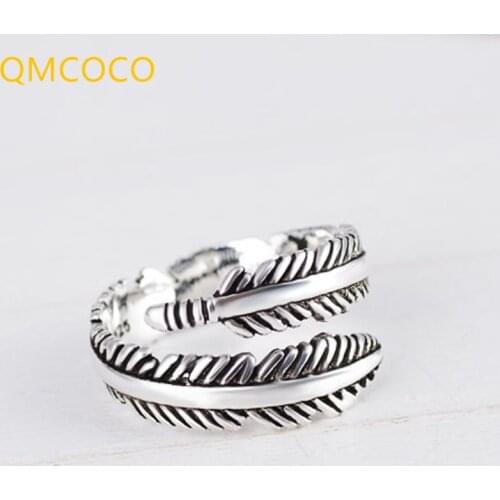 QMCOCO New Vintage Classic Design 925 Silver Open Adjustable Feather Punk Rings For Women Birthday Party Jewelry Gifts