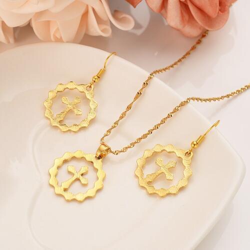 Religious Durable Gold Color Cross Kids /Girls Earrings Pendant Necklace Jewelry Sets Christmas Gifts