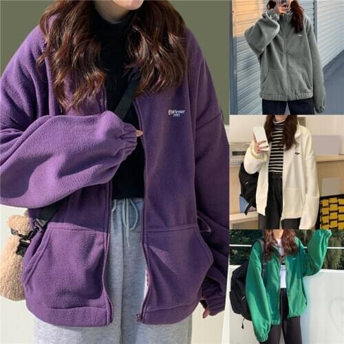 Zip-up Hoodie Women Loose Plus Velvet Sweatshirt Pockets Letter Casual Oversized Harajuku Streetwear Womens Tops Clothes Trendy