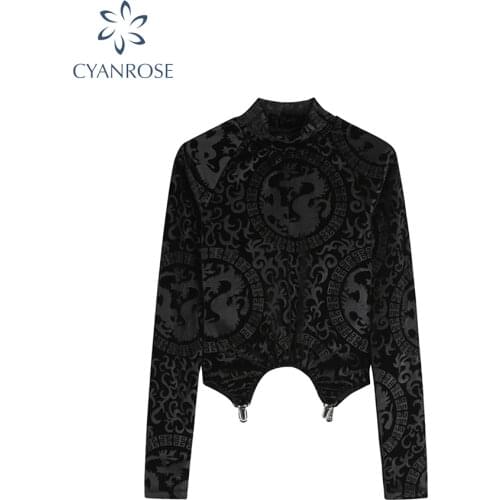 Stand Collar Long Sleeve Crop T Shirt Women Black Chic Print 2021 Spring Vintage Streetwear Party Clubwear Tide Ins Tops Tees