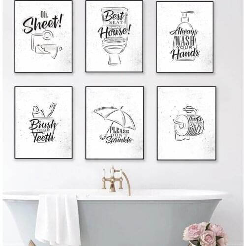 Toilet Quote Picture Bathroom Wall Decor Canvas Painting Brush Canvas Art Poster Fashion Black White Washroom Wall Prints YX206