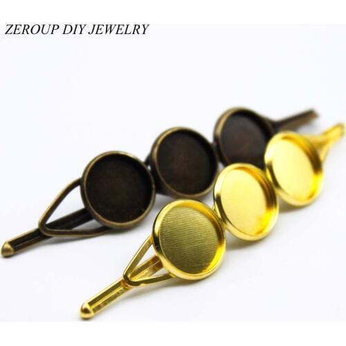 ZEROUP 10mm 12mm 10pcs Copper Hair Clips Antique Bronze Brass Plated Hairpin Cameo Glass Cabochons Base Supplies for Jewelry