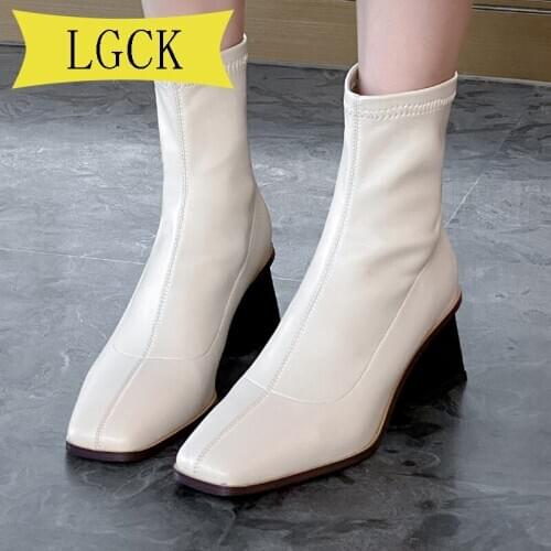 Big Size 34-43 Elegant Women Ankle Boots Beige Block High Heels Sock Boot Square Toe Chunky Heels Lady Autumn Winter Party Shoes
