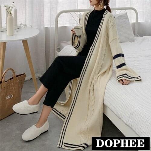 2020 Autumn New Long Cardigan for Women Loose Striped Patchwork Casual Knitted Cardigan Jacket Sweater Coat Winter Clothing