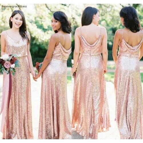 Boho Rose Gold Long Bridesmaid Dress 2019 Sequins Summer Country Garden Formal Wedding Party Guest Maid of Honor Gown Plus Size