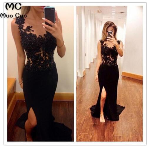 New Arrival 2018 Black Mermaid Prom Dresses Long with Appliques Lace Front Slit Formal Womens Evening Dresses Prom Dress