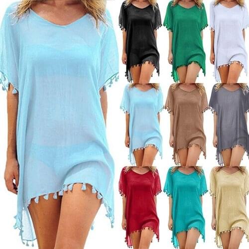 Women Tassel Dress Summer Chiffon Cover Ups Beach Wear Ladies Loose Blouse Shirt Swimsuit Swimwear Bathing Suits Mini Dress