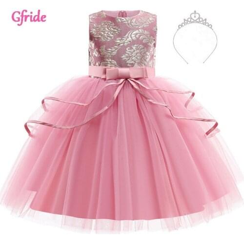 2021 Summer Pink Princess Girl Party Dress Headband Sleeveless For Kids Birthday Party Gown Elegant Piano Performance Clothing