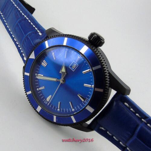 46mm Bliger Blue Sterile dial no logo PVD Luminous Hands Leather strap Top Brand Luxury Date Automatic mechanical Mens Watch