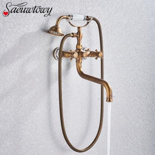 Antique Brass Extended Spout Bathtub Shower Faucet Hot And Cold Shower 360 Rotate Bathroom Mixing Tap Triple Lifting Shower Set