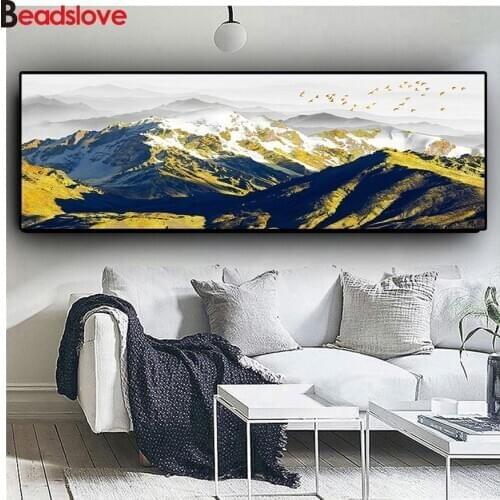 Large mosaic Abstract Natural Golden Bird Snow Mountain Diamond Embroidery sale diy diamond painting full square round drill