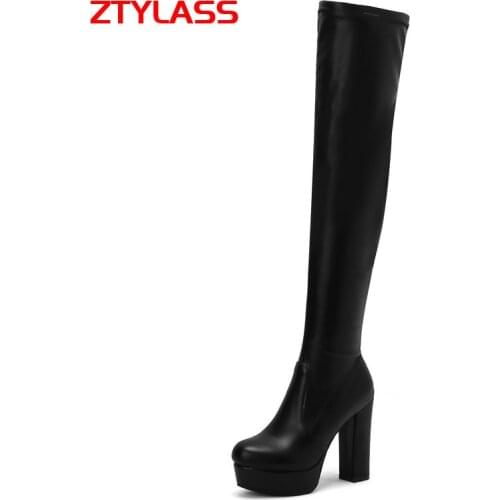 Cow Suede Over The Knee Boots Stretch Women Boots Platform Square High Heel Thigh Boots Zipper Autumn Winter Long Boots Woman
