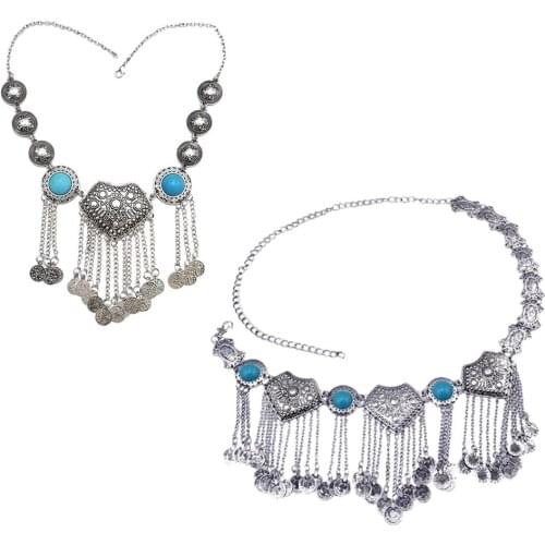 Gypsy Bohemian Vintage alloy Inlay Acrylic Beads Coin Tassel Pendant necklace&Waist Belly Dance Body Chain Women Tribal Jewelr