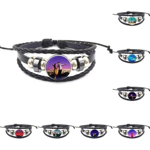 EJ Glaze la la land For Lovers Best Friendship Steampunk Jewelry Glass Cabochon Black Leather Bracelet Bangle