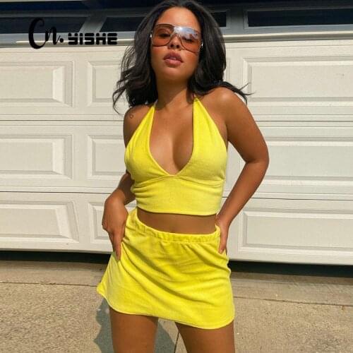 CNYISHE Halter Sexy Backless Crop Top and Mini Skirts Matching Set Two Piece Bandage Neon Outfits Summer Tracksuit Womens Sets