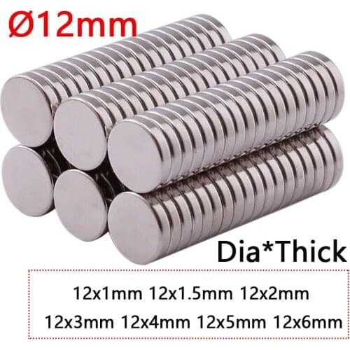 Dia Ø12mm NdFeB Round Powerful Magnets 1 1.5 2 3 4 5 6mm Thick Rare Earth Strong Crafts Permanent Neodymium Magnet N35
