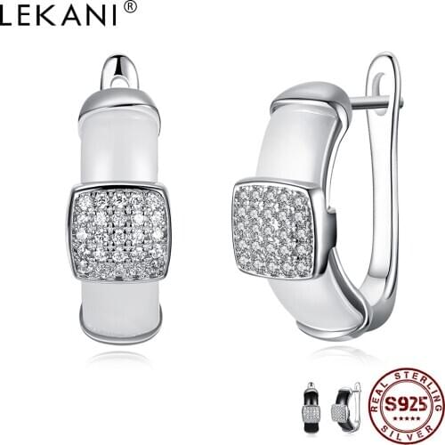 LEKANI Geometry Square Full Cubic Zirconia Clip Earrings Real Sterling Silver 925 Jewelry For Women Trendy Ceramics Earring