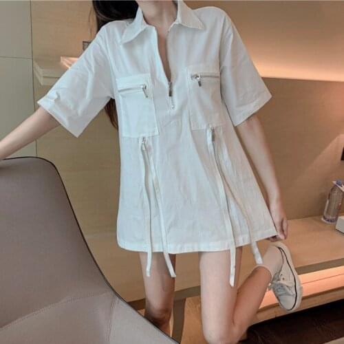 Lazy Women Long White Tees Femme Loose T-shirts Lady Summer Women Zipper Pocket T-shirts