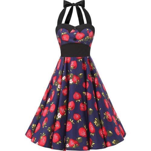 Cute Vintage Dress Halter Strawberry Print Empire Sweet Summer Dress