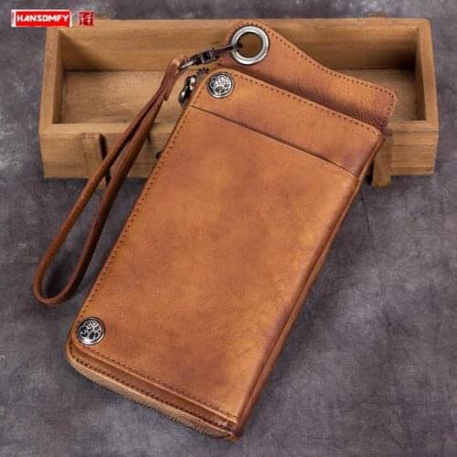 Retro handmade Leather Mens wallet men first layer cowhide card holder long wallets male zipper purses simple thin 2021 new