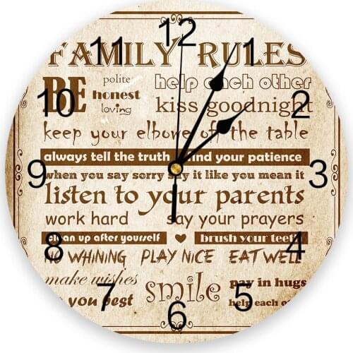 Family Rules Text Vintage Background 3D Wall Clock Modern Design Living Room Decoration Kitchen Clock Art Wall Watch Home Decor
